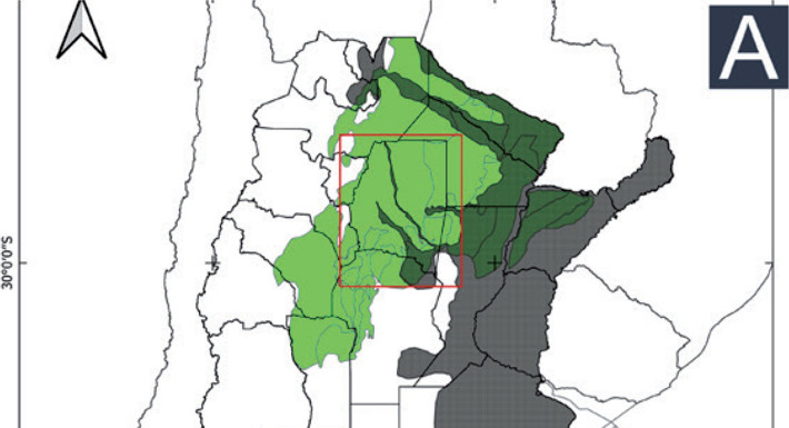 Mapa de la región fitogeográfica chaqueña argentina y distribución conocida del carpincho (sombreado)