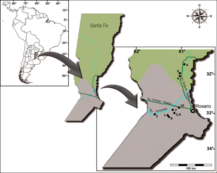 Distribución geográfica de los registros de H. yagouaroundi en la provincia de Santa Fe, Argentina