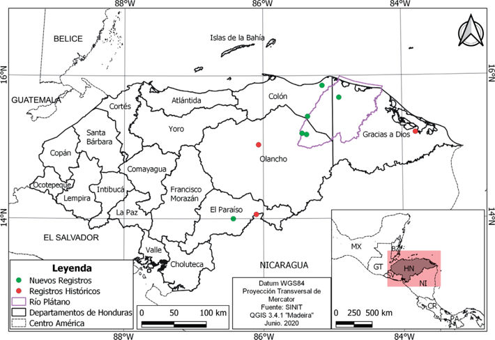 Mapa con los registros confirmados de Choloepus hoffmanni en Honduras