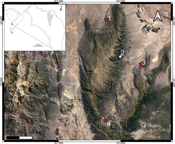 Localidades de colecta de ejemplares de Phyllotis xanthopygus en la Sierra de Velasco, provincia de La Rioja, Argentina