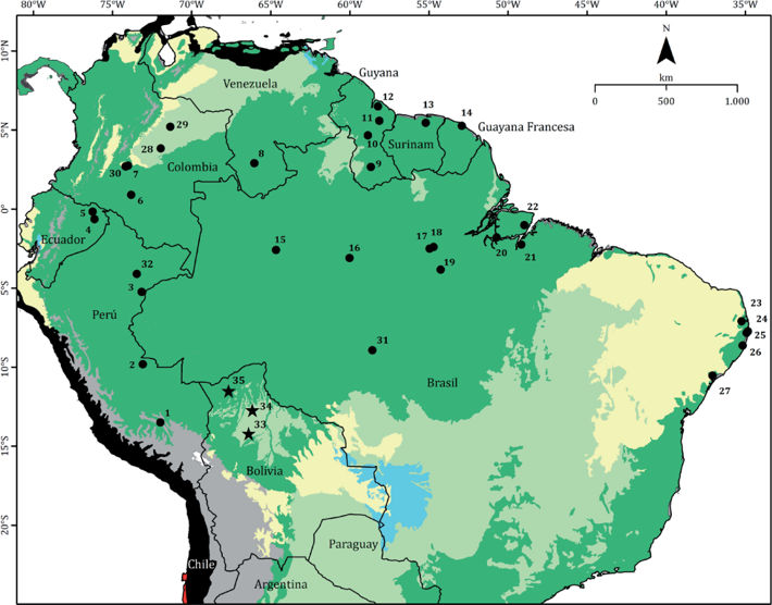 Distribución geográfica de Peropteryx leucoptera, incluyendo los nuevos registros para Bolivia (estrellas)