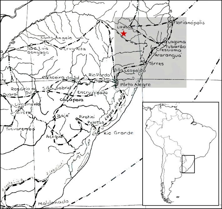 Mapa del sur de Brasil en donde se muestran los itinerarios seguidos por F. Sellow. La estrella roja indica el área en la que se hipotetiza que Sellow debió haber obtenido el holotipo de Kunsia tomentosus.
