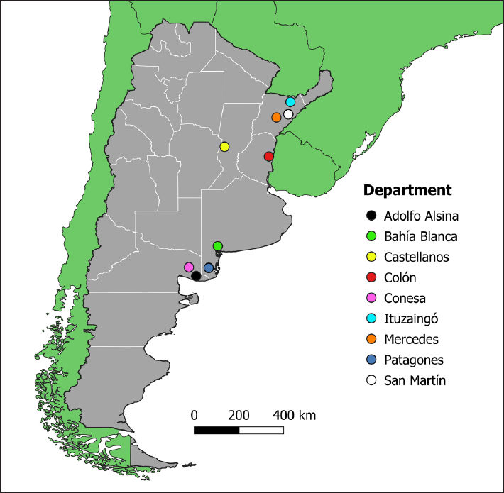Distribution of sampling sites for hepatitis E virus in wild boar and cattle in Argentina