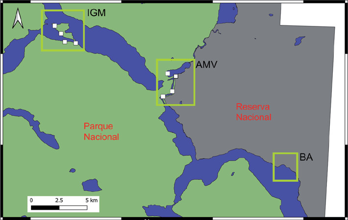 Mapa del Parque Nacional Los Alerces, Argentina, indicando localidades de colecta de especímenes de Neogale vison durante estudio de manejo de la especie 