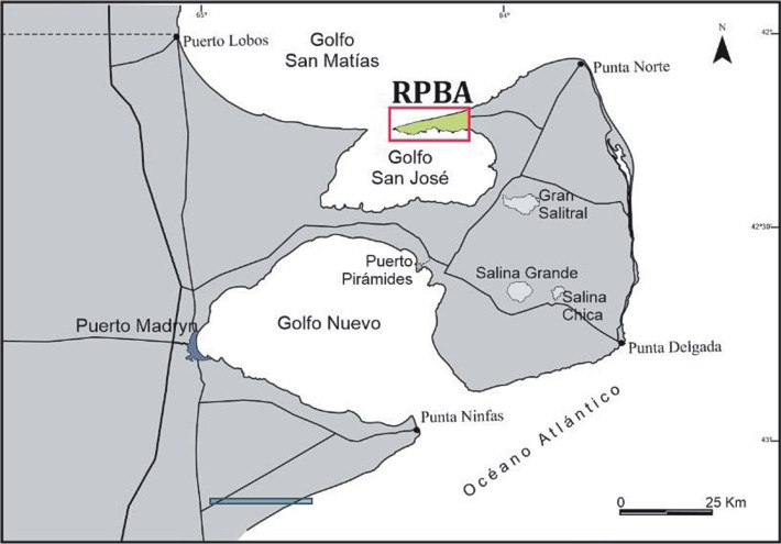 Ubicación geográfica de la Reserva Natural de la Defensa Punta Buenos Aires, Chubut, República Argentina.